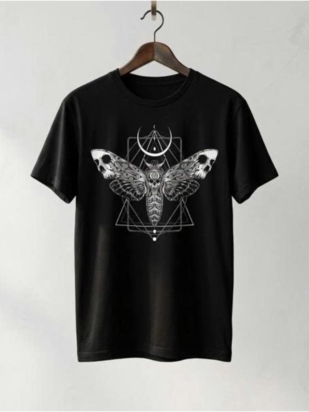Black Tee with White Moth Geometric Graphic